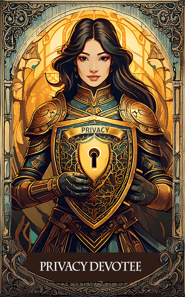 The Privacy Devotee, a long-haired, helmeted figure wearing ornate magical armor, holds a shield bearing the word Privacy above a keyhole.